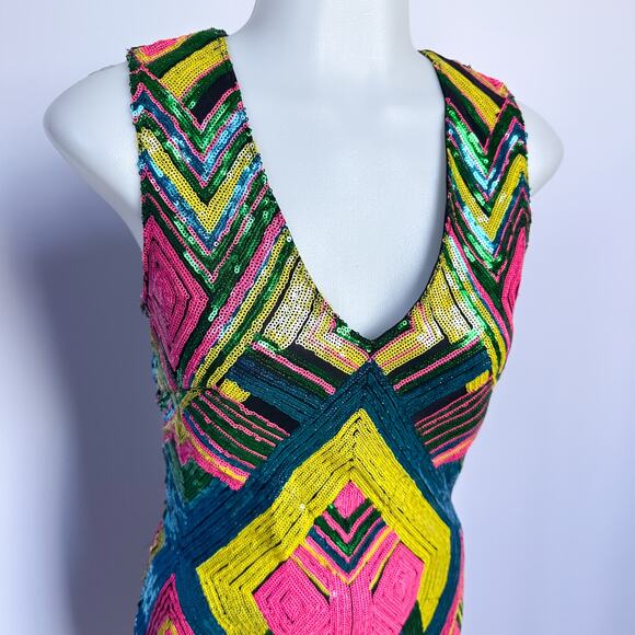 Kira Kira Multicolor Geometric Print Sequins Mini Dress Size Small - Picture 2 of 9